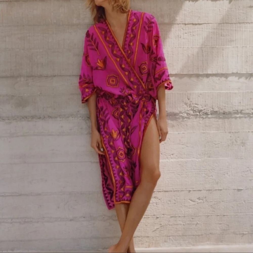 Zara limited edition pink embroidered kimono dress cover up